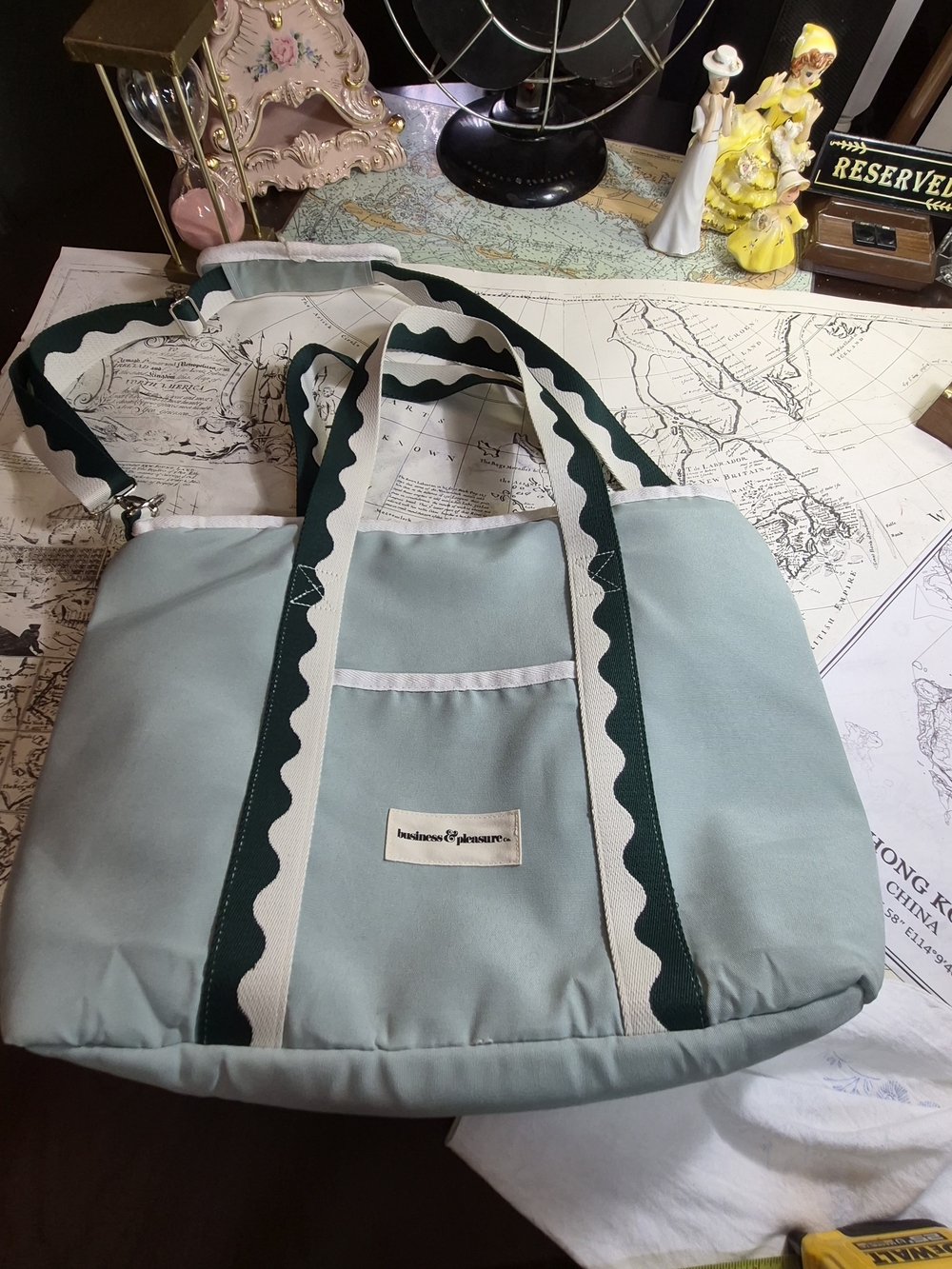 Minty Blue Canvas Tote with Dark Green Trim by
